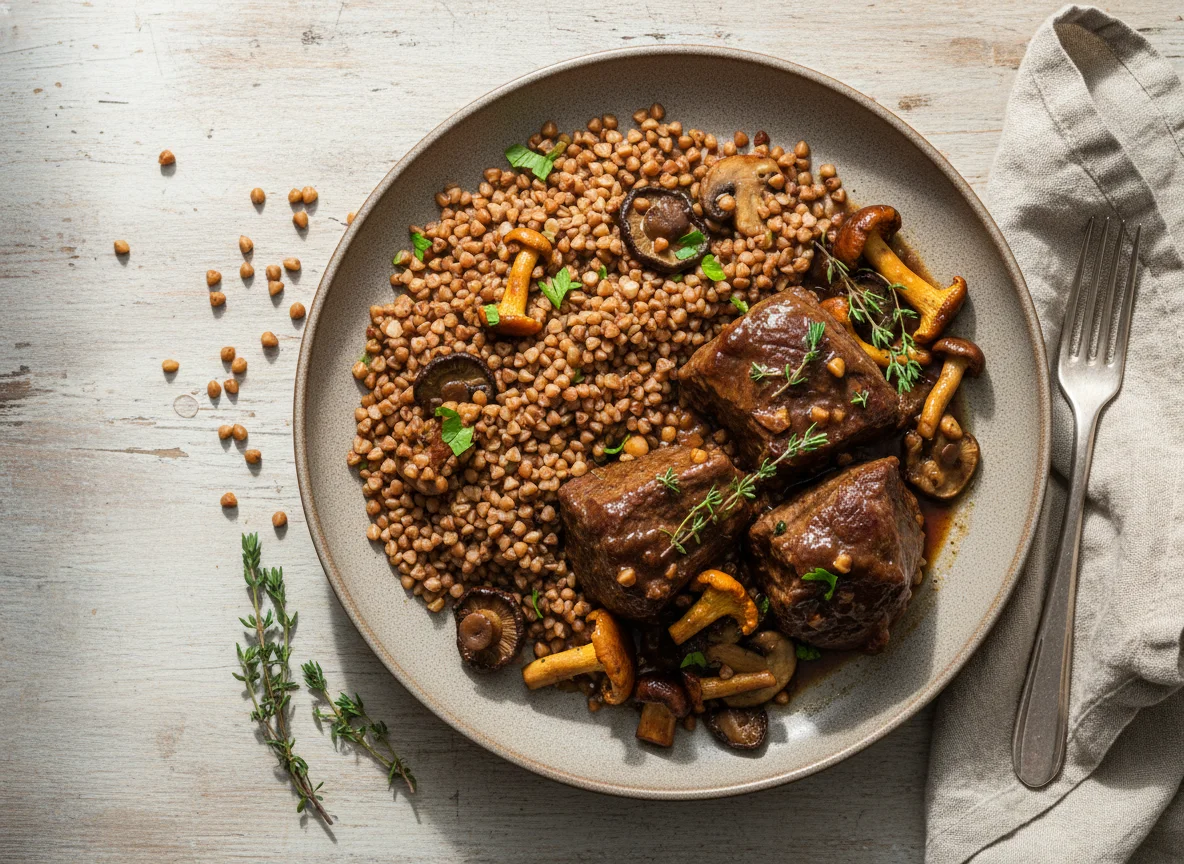Braised Beef with Buckwheat and Mushrooms photo