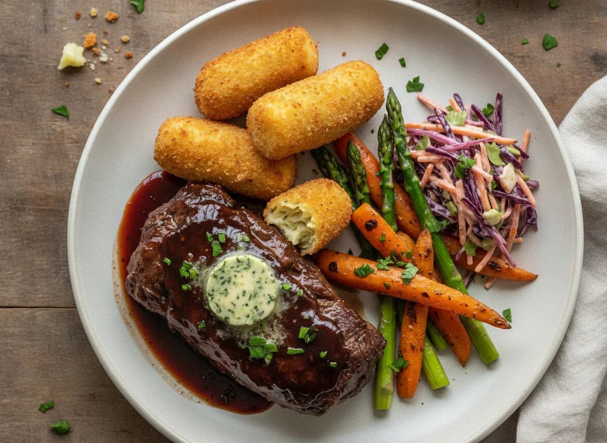 Braised beef with croquettes and roasted vegetables photo