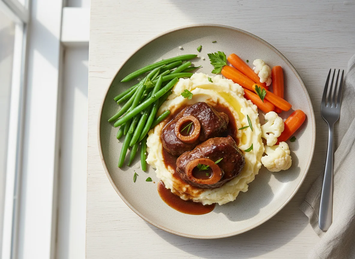 Braised Beef with Mashed Potatoes and Mixed Vegetables photo