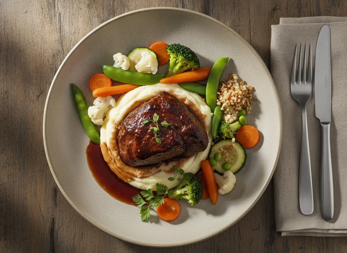 Braised beef with mashed potatoes and steamed vegetables photo