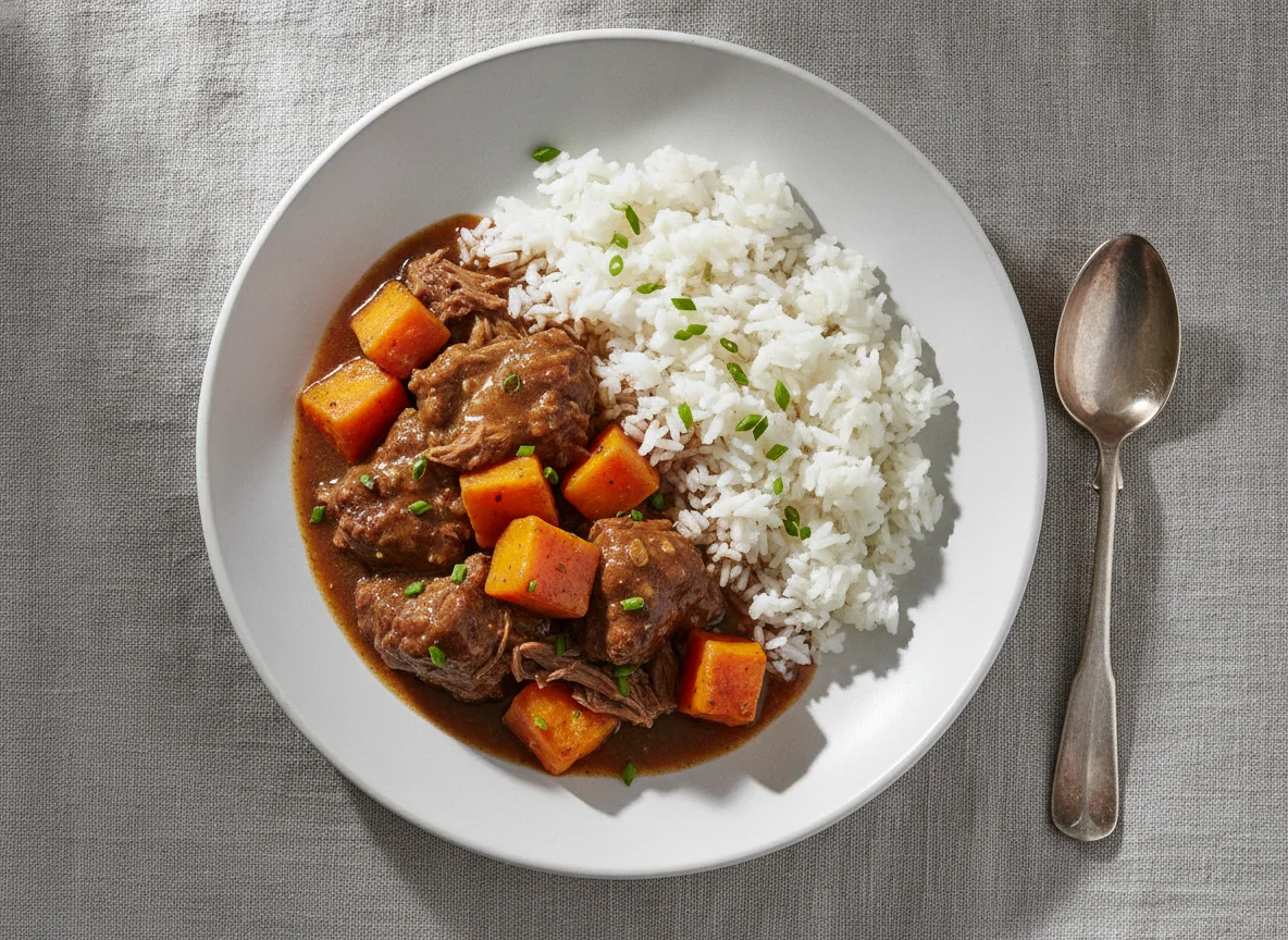 Braised beef with rice and sweet potatoes photo