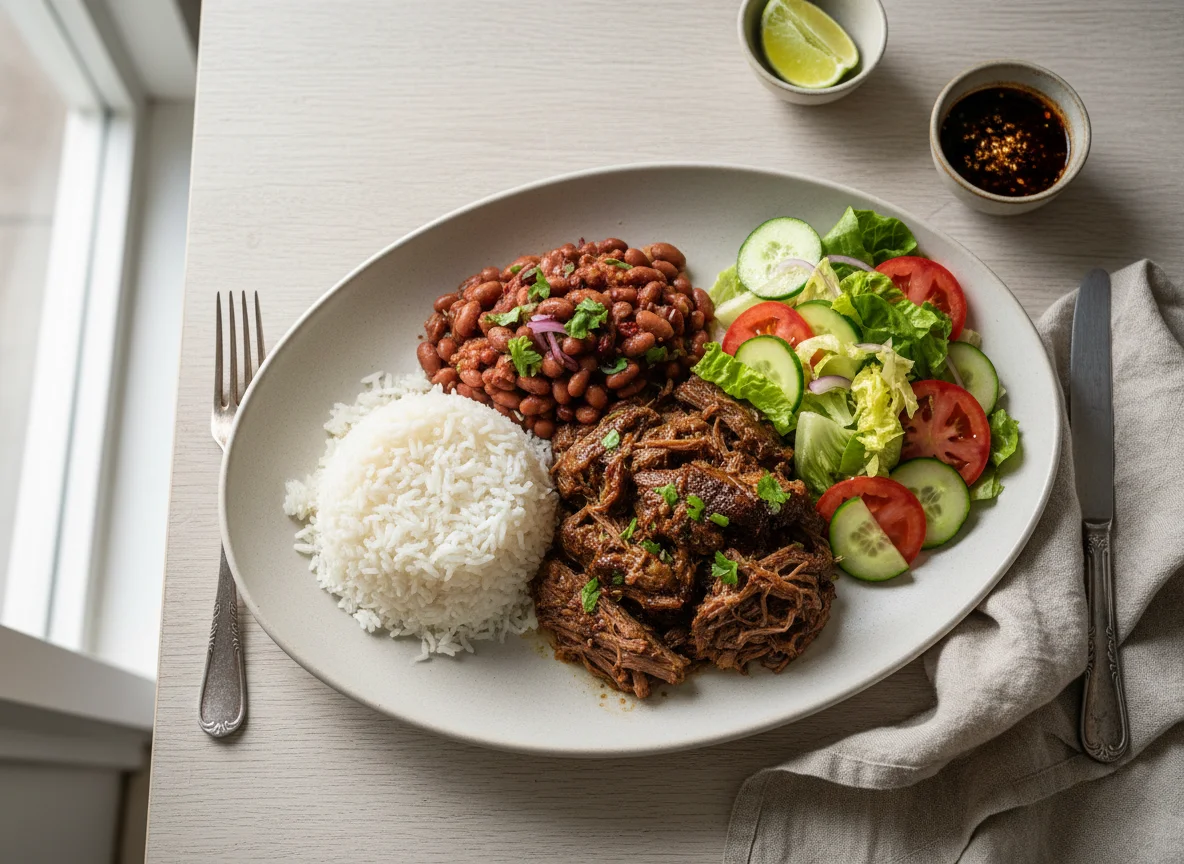 Braised Beef with Rice, Beans, and Salad photo