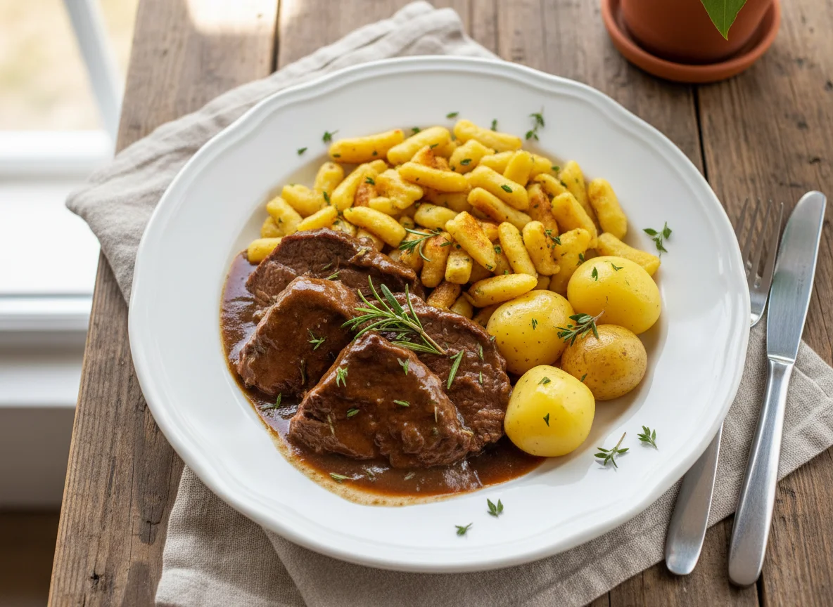 Braised Beef with Spätzle and Potatoes photo