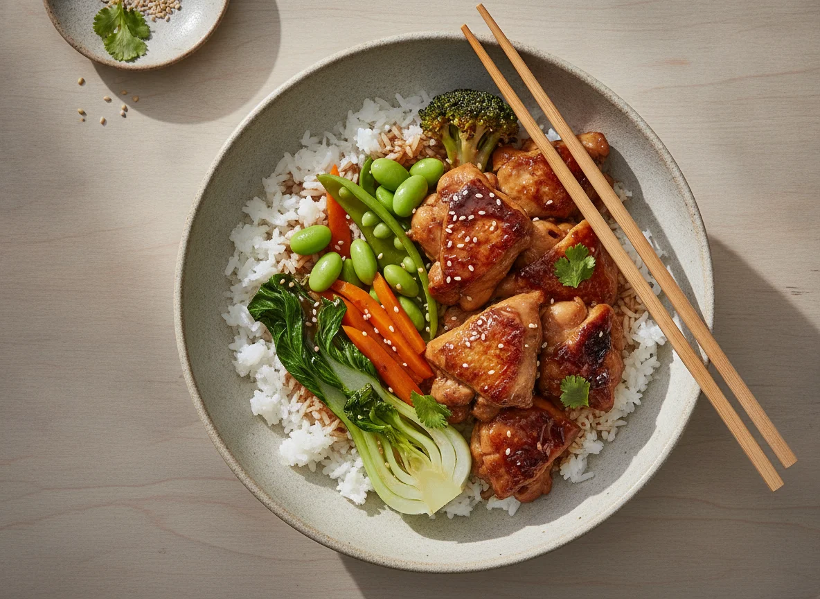 Braised Chicken and Vegetable Rice Bowl with Edamame photo
