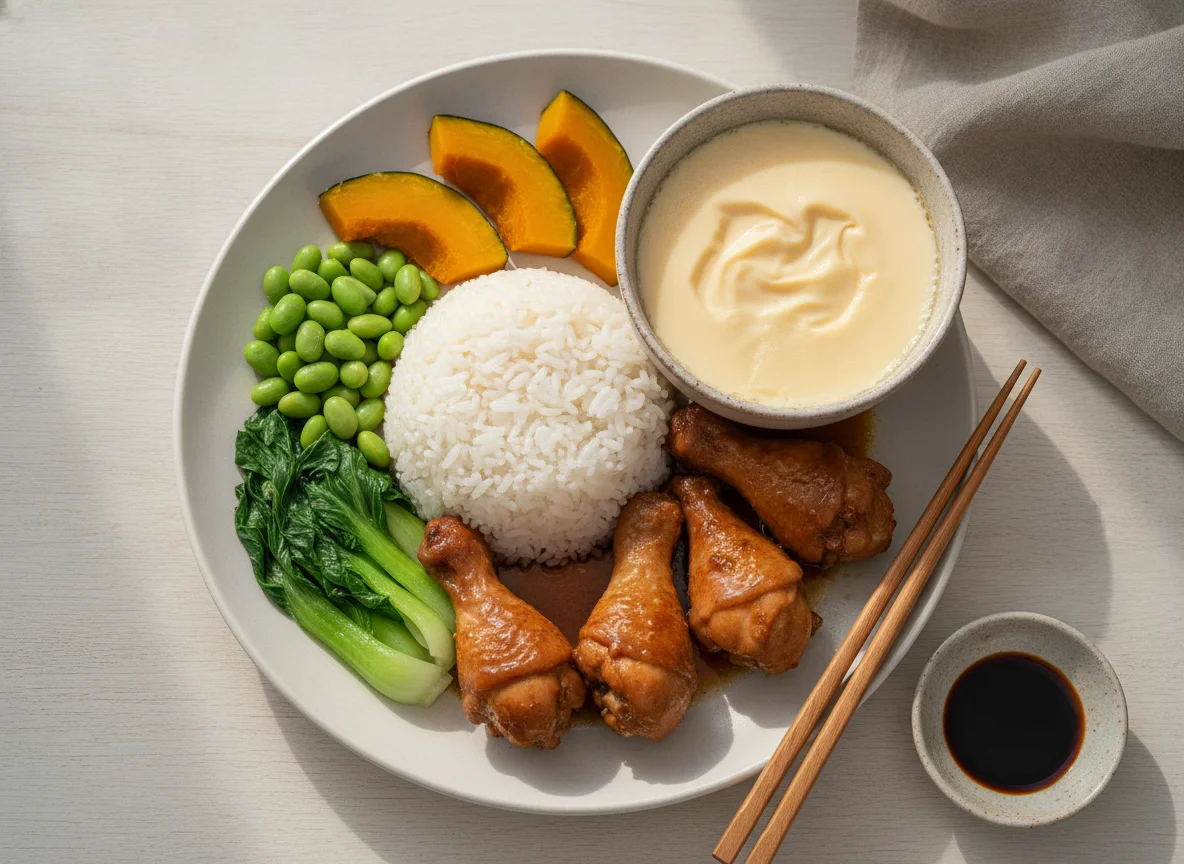 Braised Chicken Drumettes with Rice and Steamed Egg photo