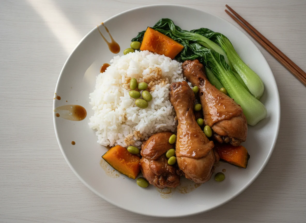 Braised Chicken Drumsticks with Soybeans, Pumpkin, Bok Choy and White Rice photo