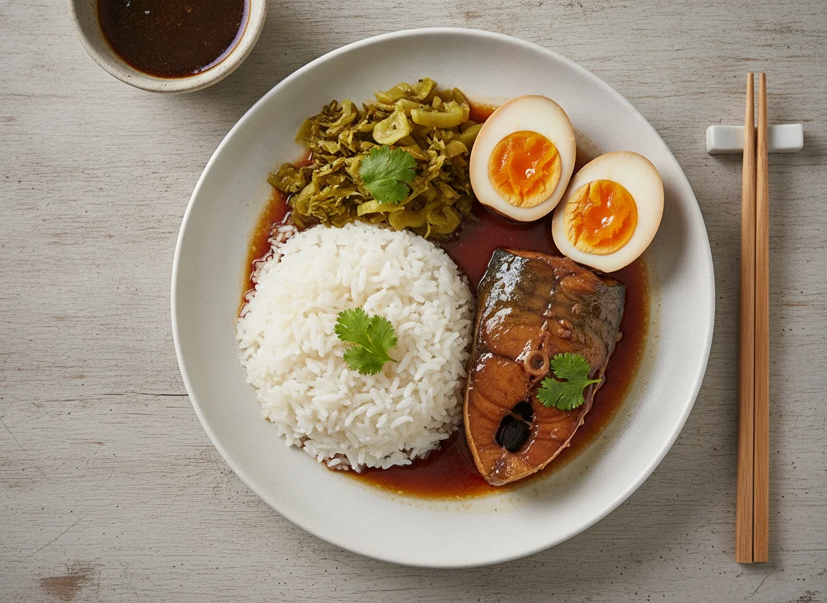 Braised Fish with White Rice and Hard-Boiled Eggs photo