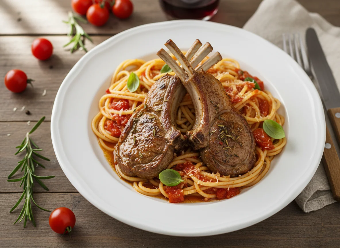 Braised Lamb Chop and Spaghetti with Tomato Sauce photo
