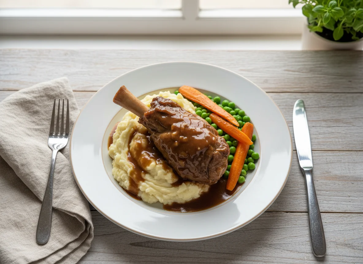 Braised Lamb Shank with Mashed Potatoes and Vegetables photo