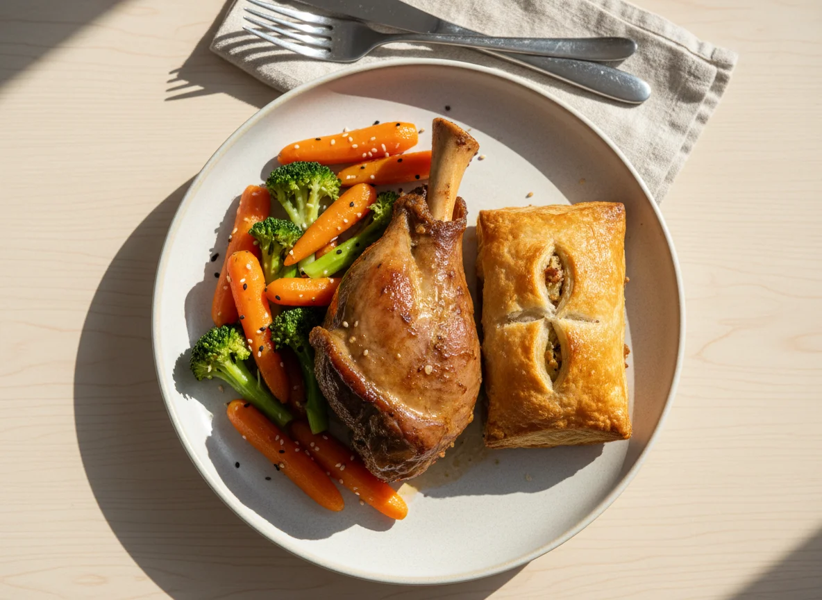 Braised Lamb Shank with Vegetable Medley and Savory Pastry photo