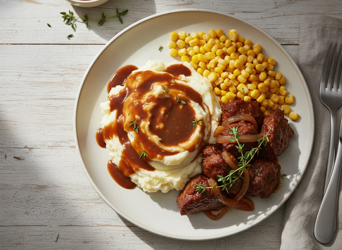 Braised Meat with Mashed Potatoes and Corn photo