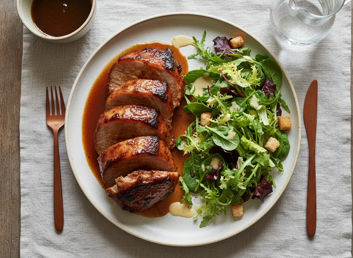 Braised Meat with Mixed Leaf Salad and Dressing photo