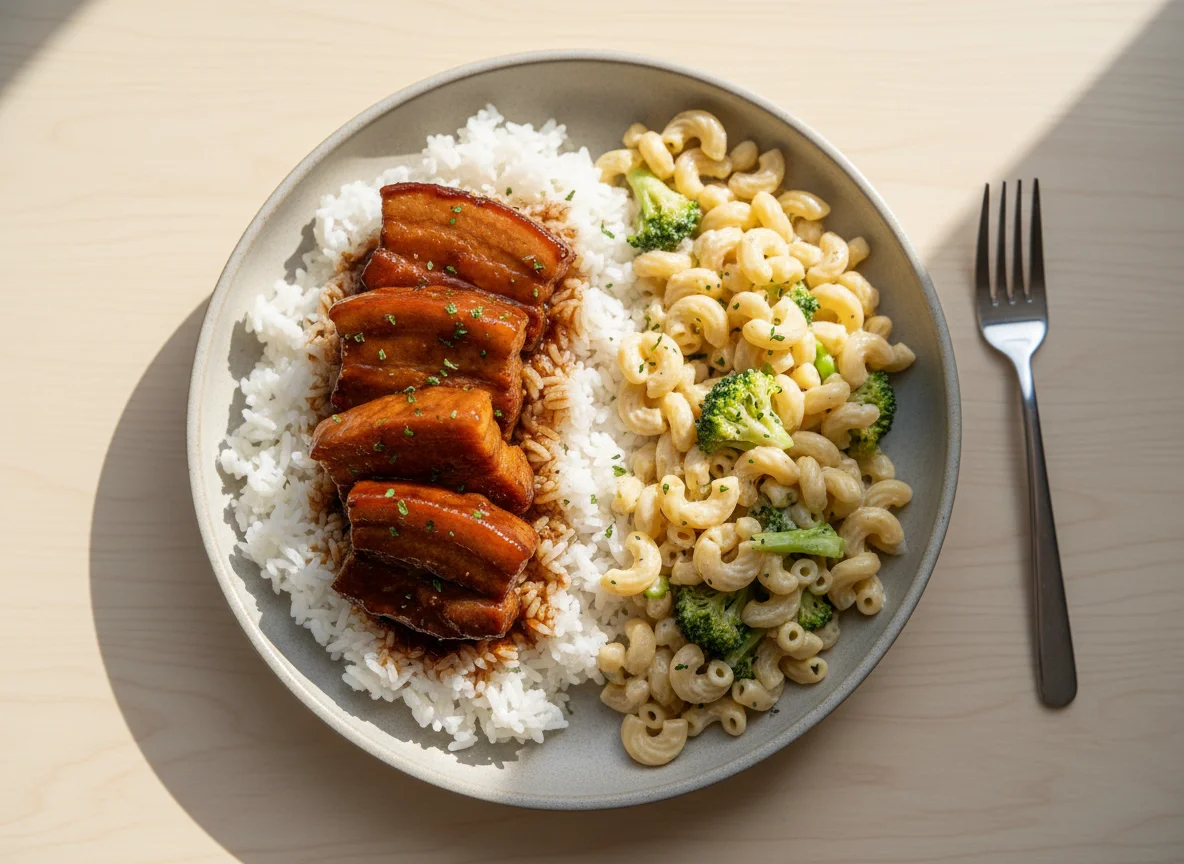 Braised Meat with Rice and Pasta with Vegetables photo