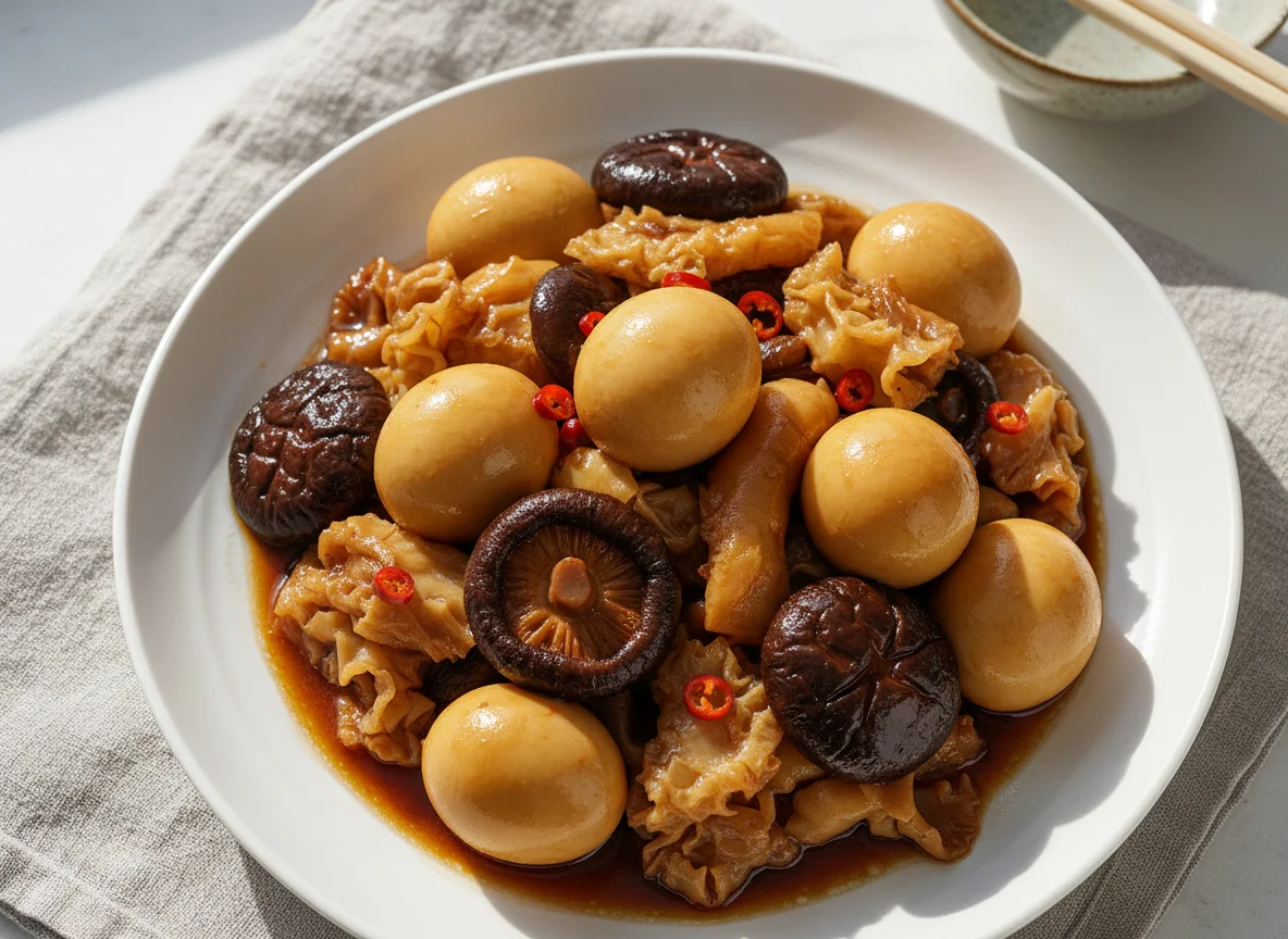 Braised Mushrooms and Quail Eggs with Fish Maw photo