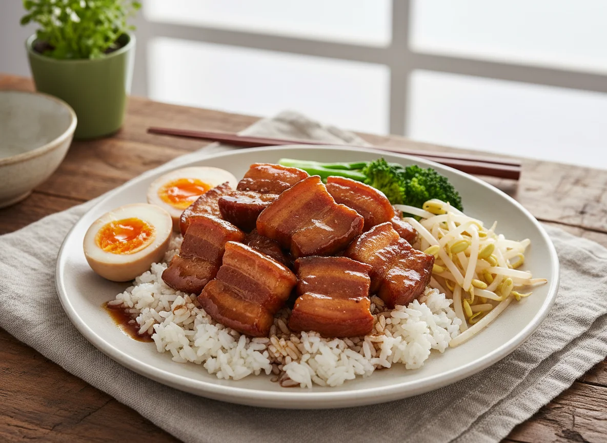 Braised Pork Belly with Rice and Vegetables photo