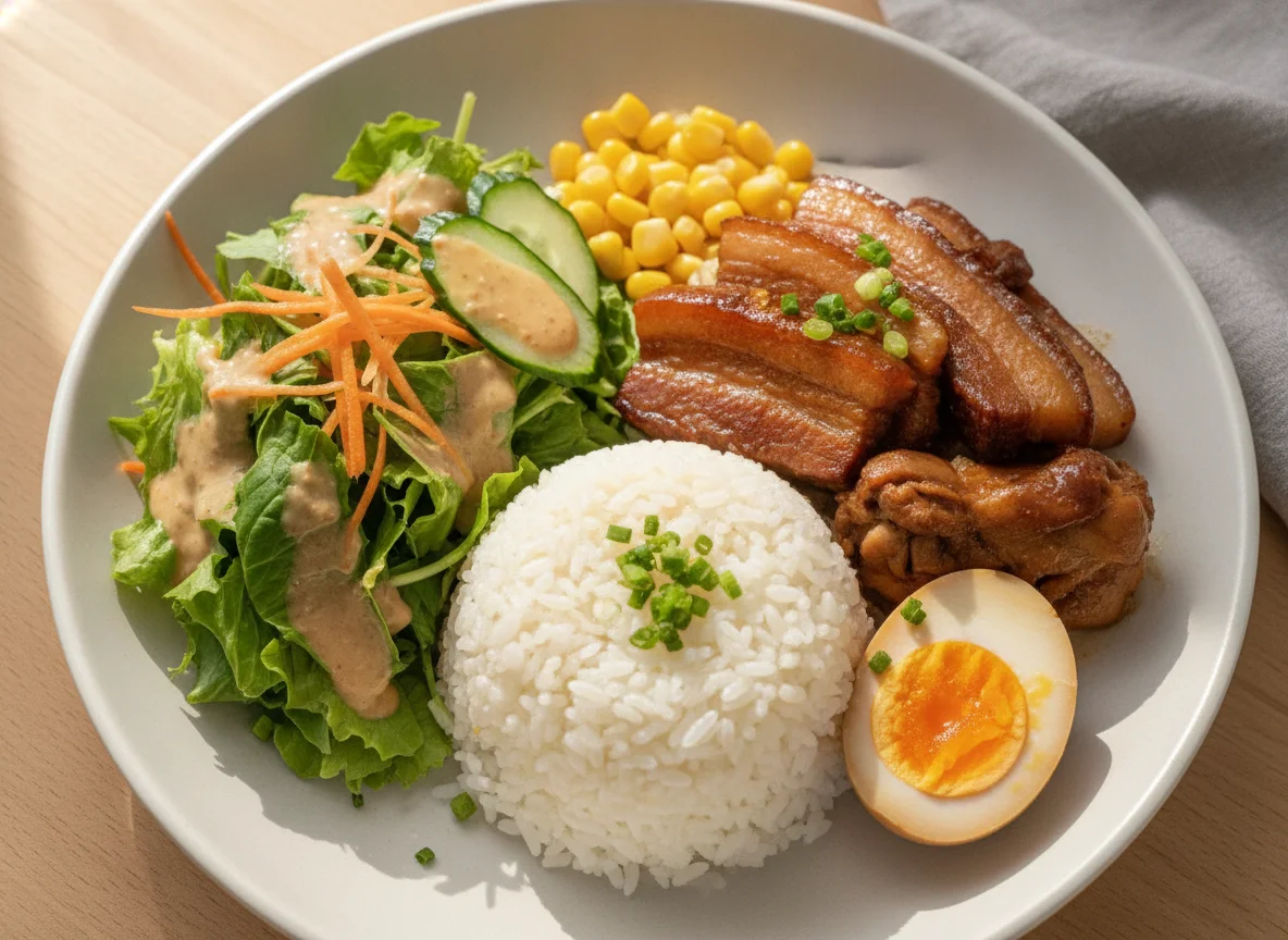 Braised Pork Belly with Rice, Egg, and Salad photo