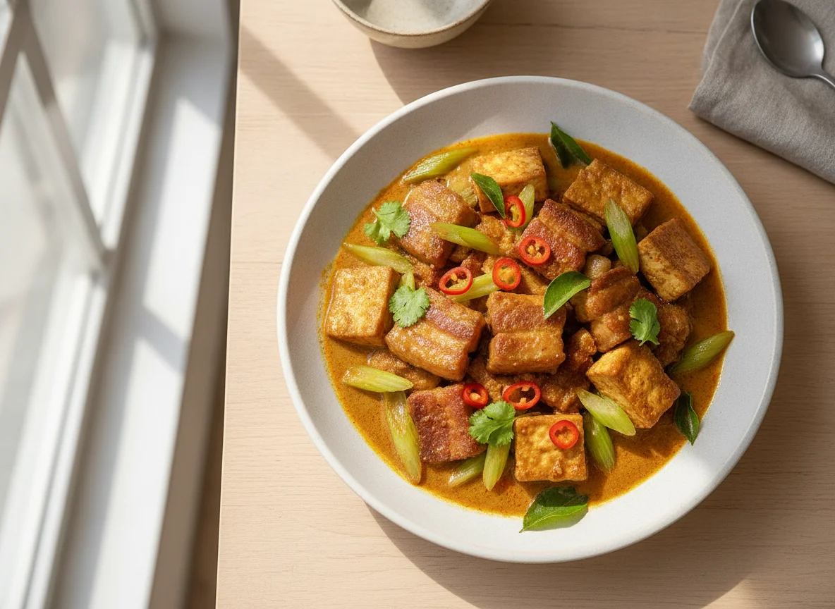 Braised Pork Belly with Tofu and Celery in Curry Sauce photo