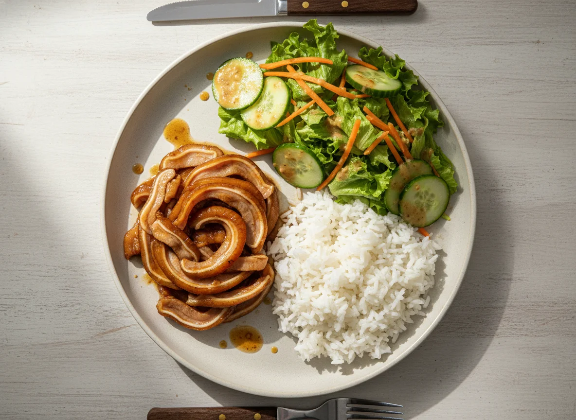 Braised Pork Ears with Rice and Salad photo