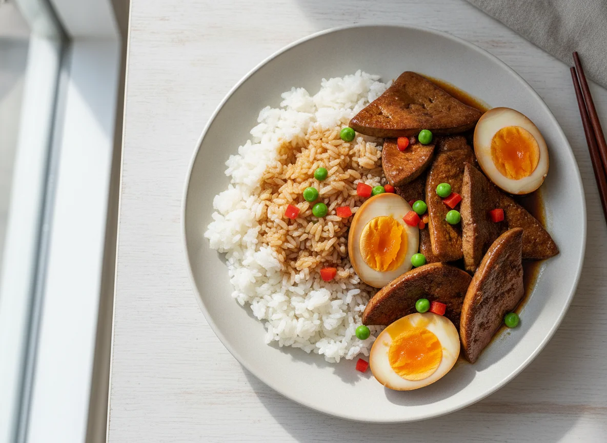 Braised Pork Liver with Hard Boiled Eggs and White Rice photo