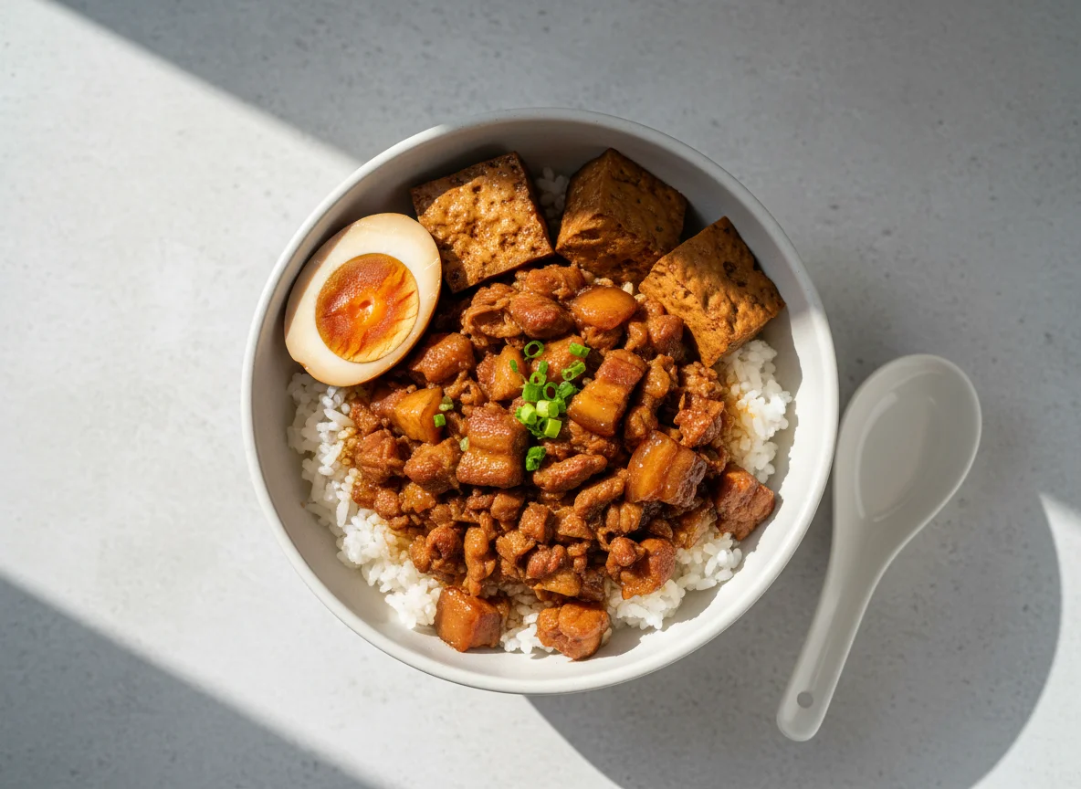 Braised Pork Rice (Lu Rou Fan) with Egg and Tofu photo