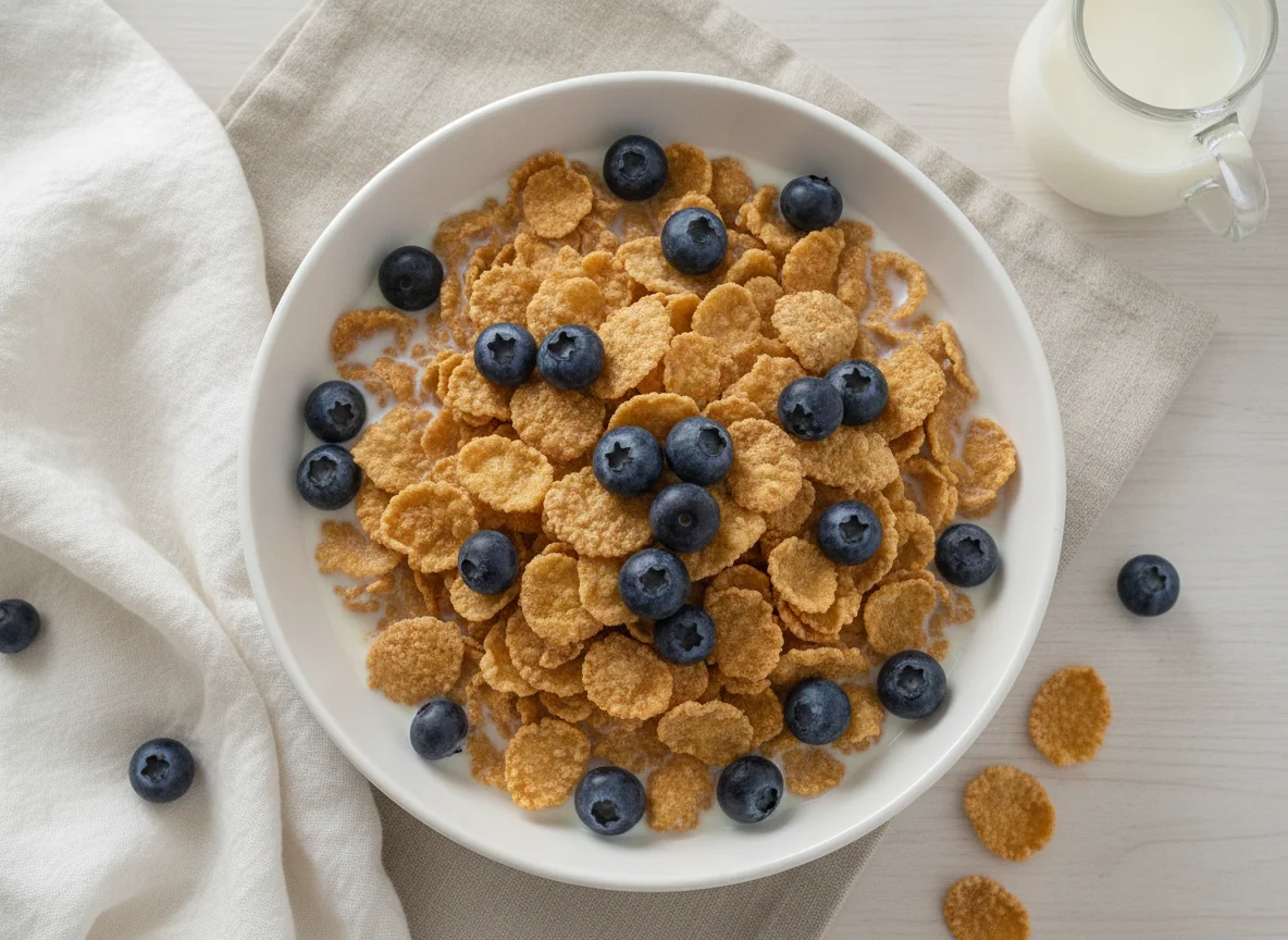 Bran Flakes with Blueberries and Milk photo
