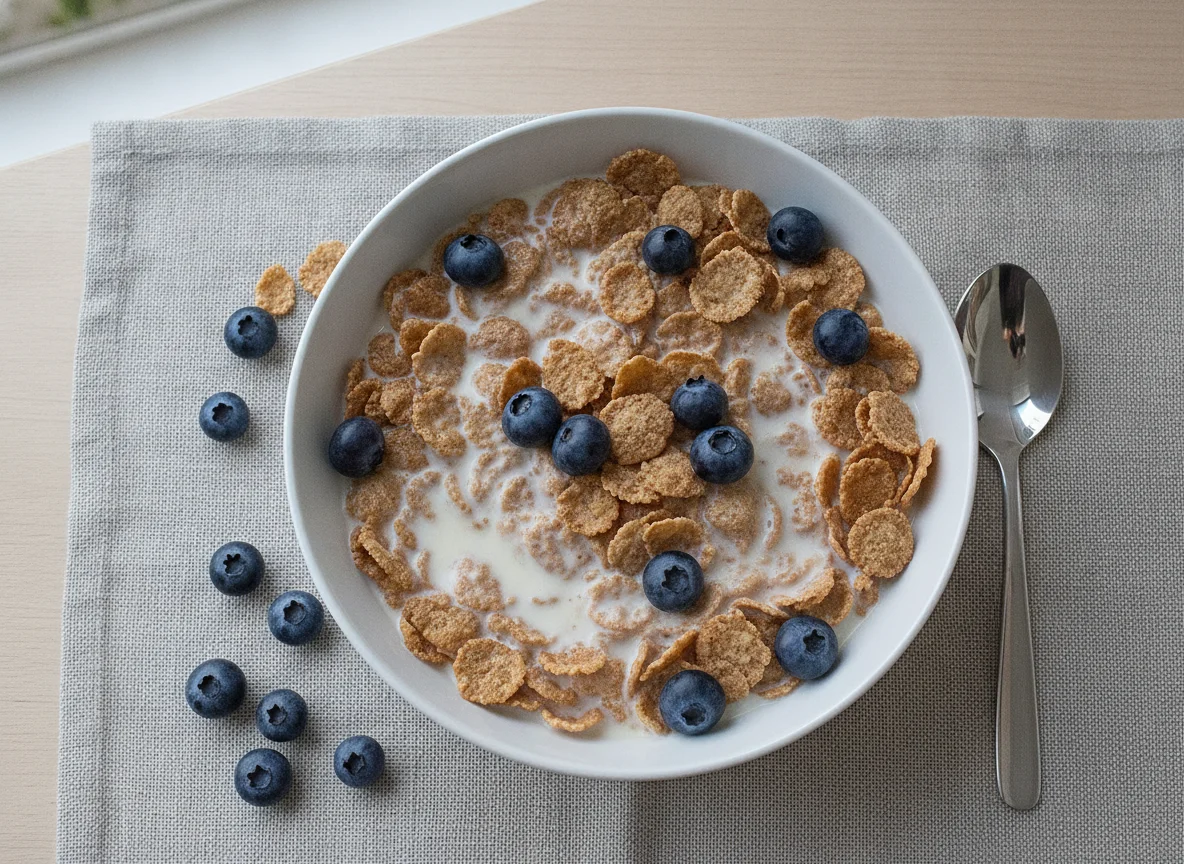 Bran flakes with blueberries and soya milk photo