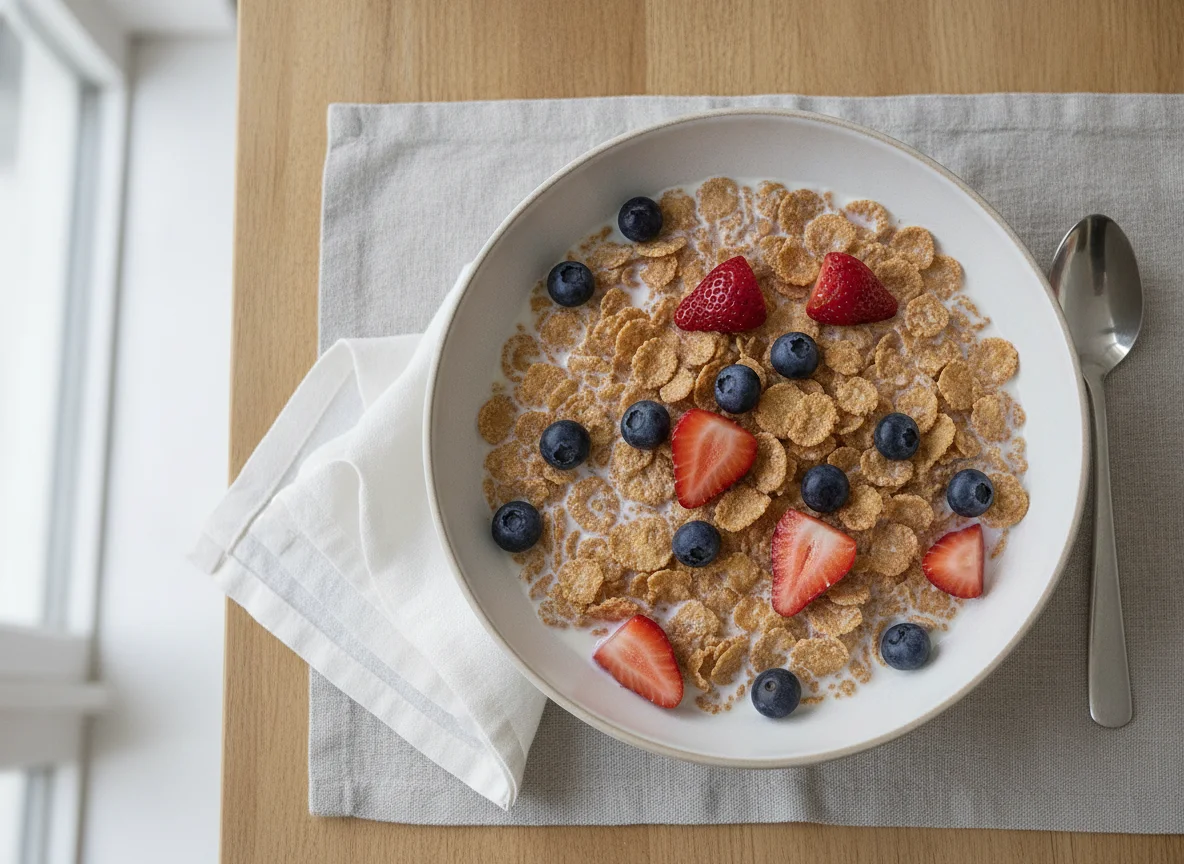 Bran flakes with milk and berries photo