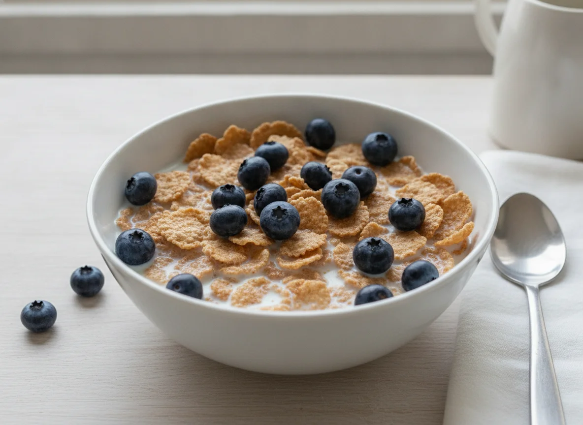 Bran flakes with milk and blueberries photo
