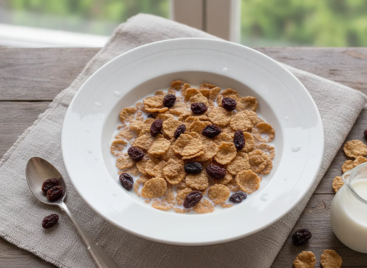 Bran flakes with milk and raisins photo