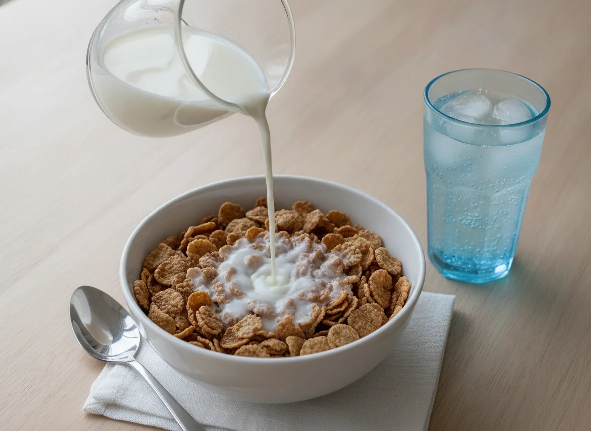 Bran flakes with milk and sugar-free energy drink photo