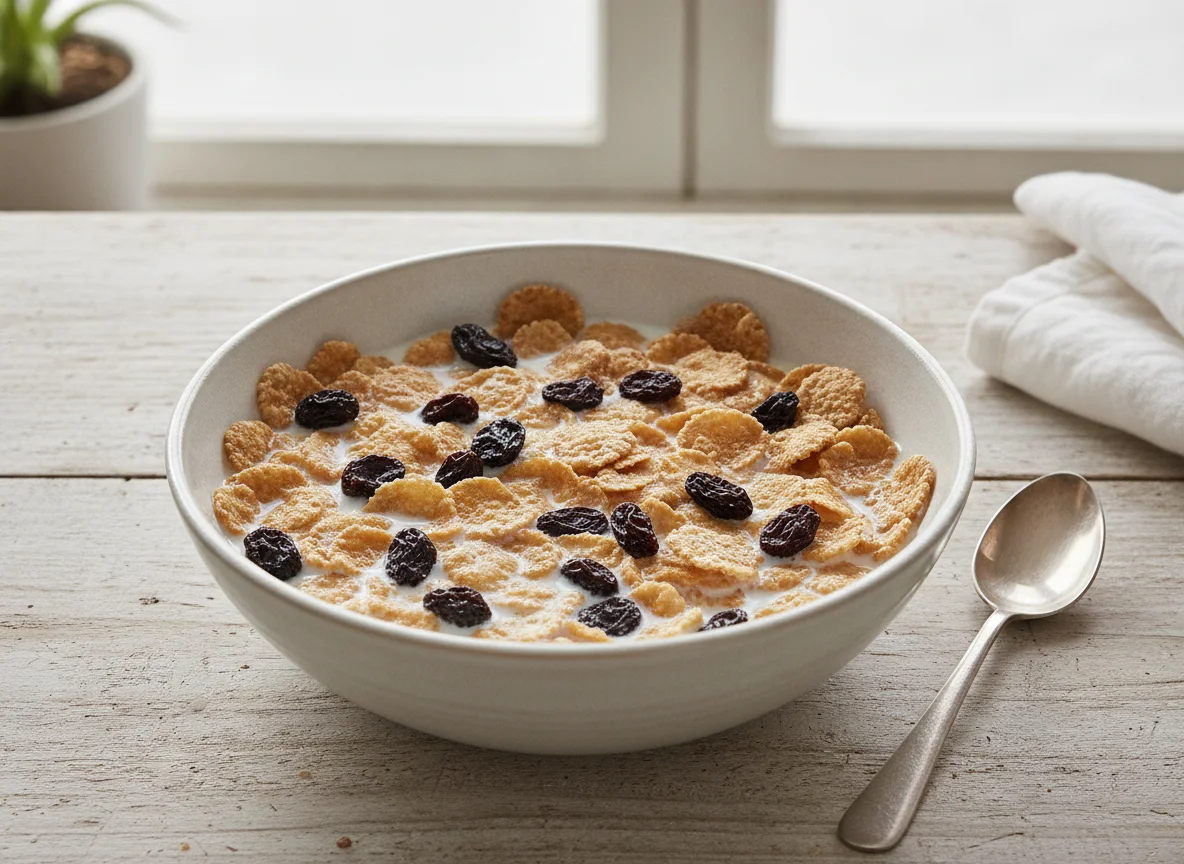 Bran flakes with raisins and milk photo