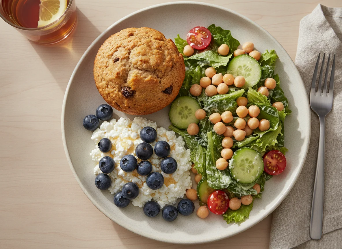 Bran muffin, cottage cheese with blueberries, and chickpea salad photo