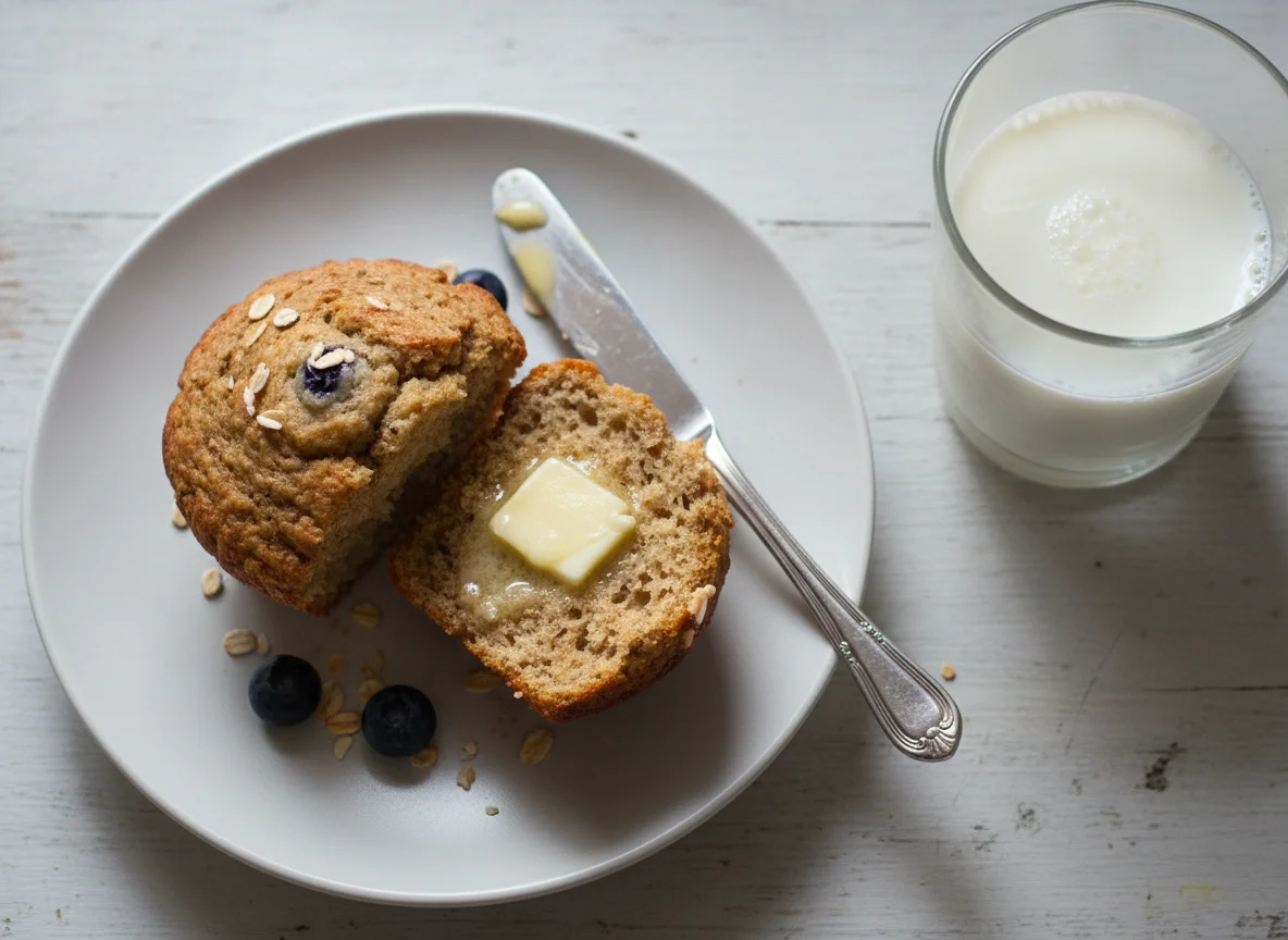 Bran muffin with butter and a glass of milk photo