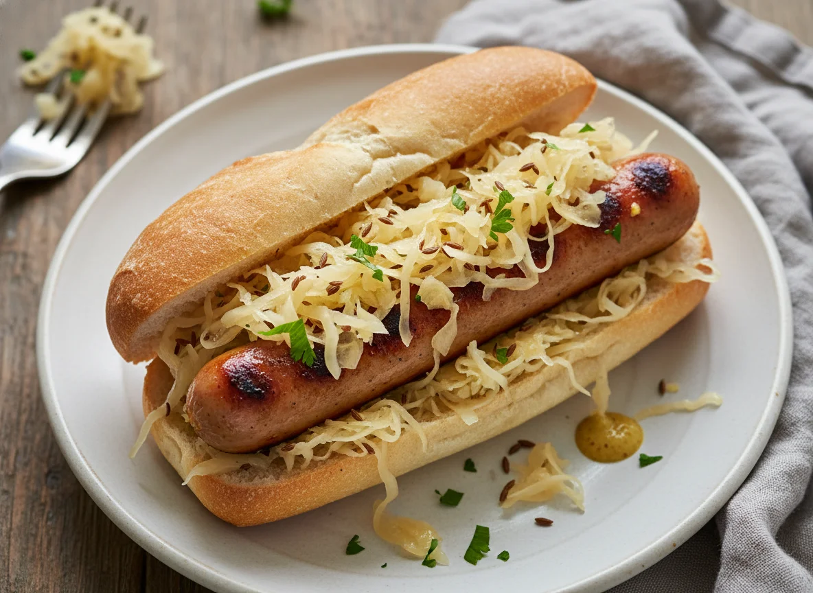 Bratwurst with Sauerkraut on a Roll photo