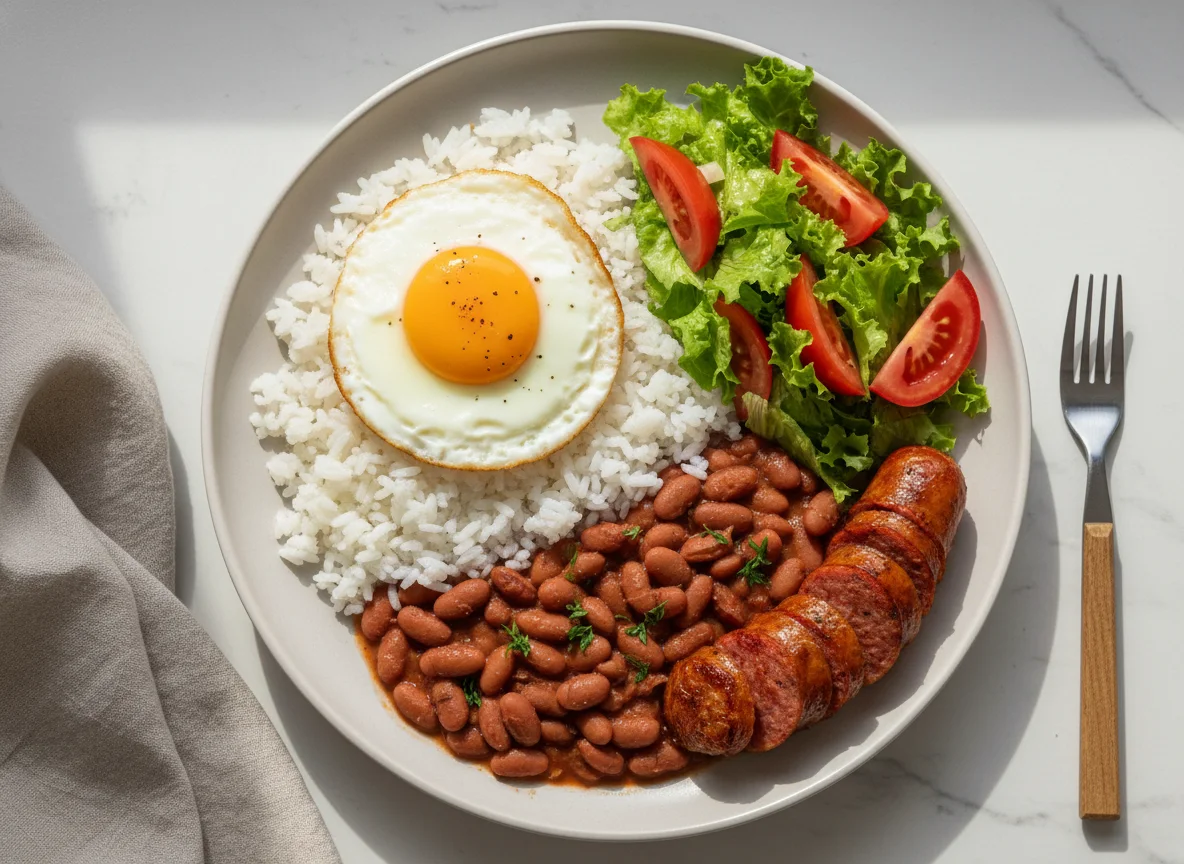 Brazilian style plate with rice, beans, sausage, egg, and salad photo