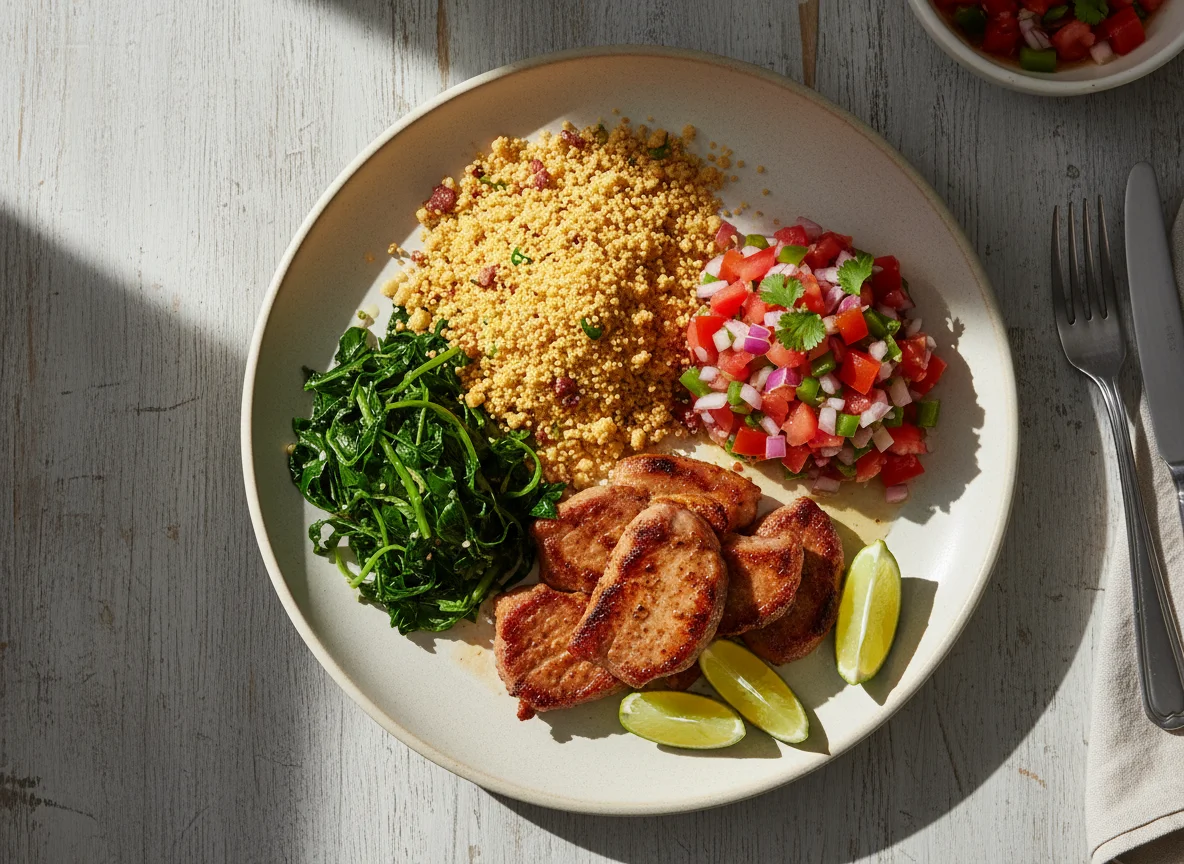 Brazilian-style Plate with Farofa, Vinaigrette, and Collard Greens photo