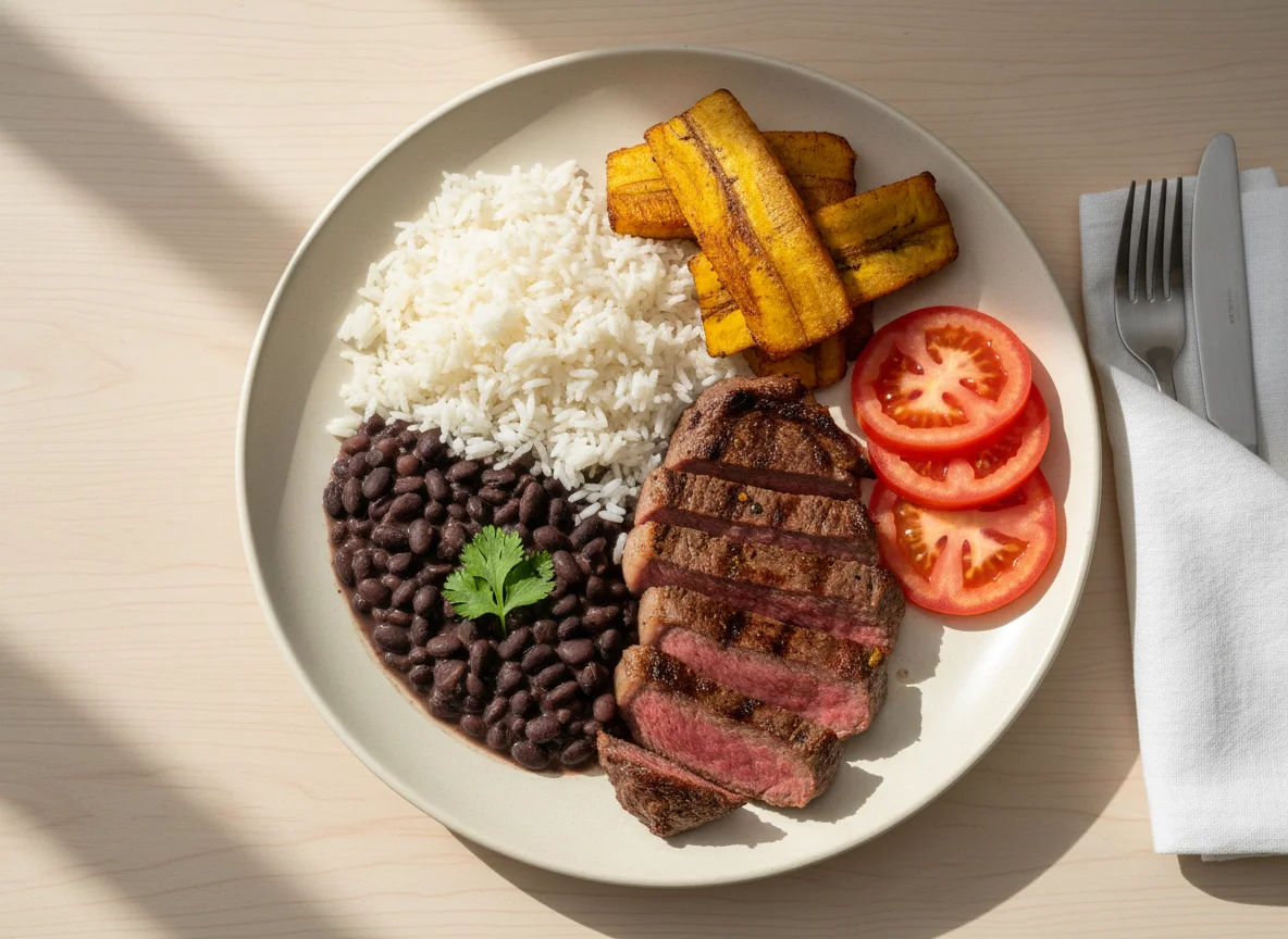 Brazilian-style Plate with Steak, Rice, Beans, Tomato, and Fried Plantain photo