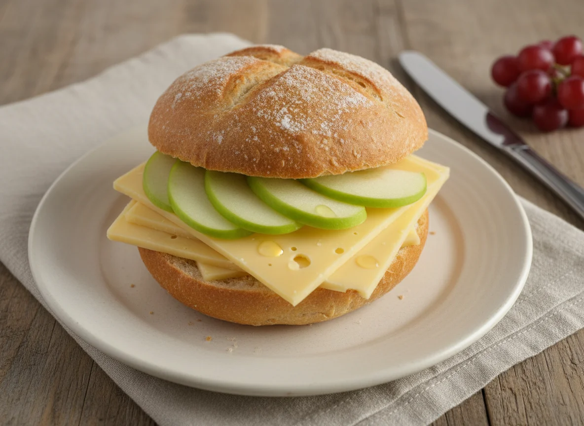 Bread roll with cheese and apple photo