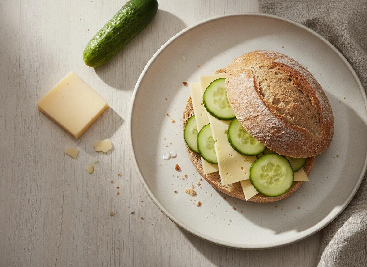 Bread roll with cheese and cucumber photo