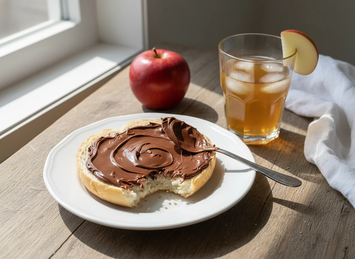 Bread roll with chocolate spread and apple juice photo