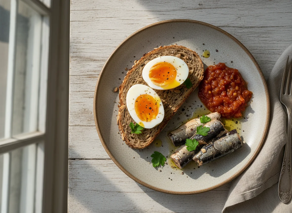 Bread with boiled egg, sardines and chutney photo