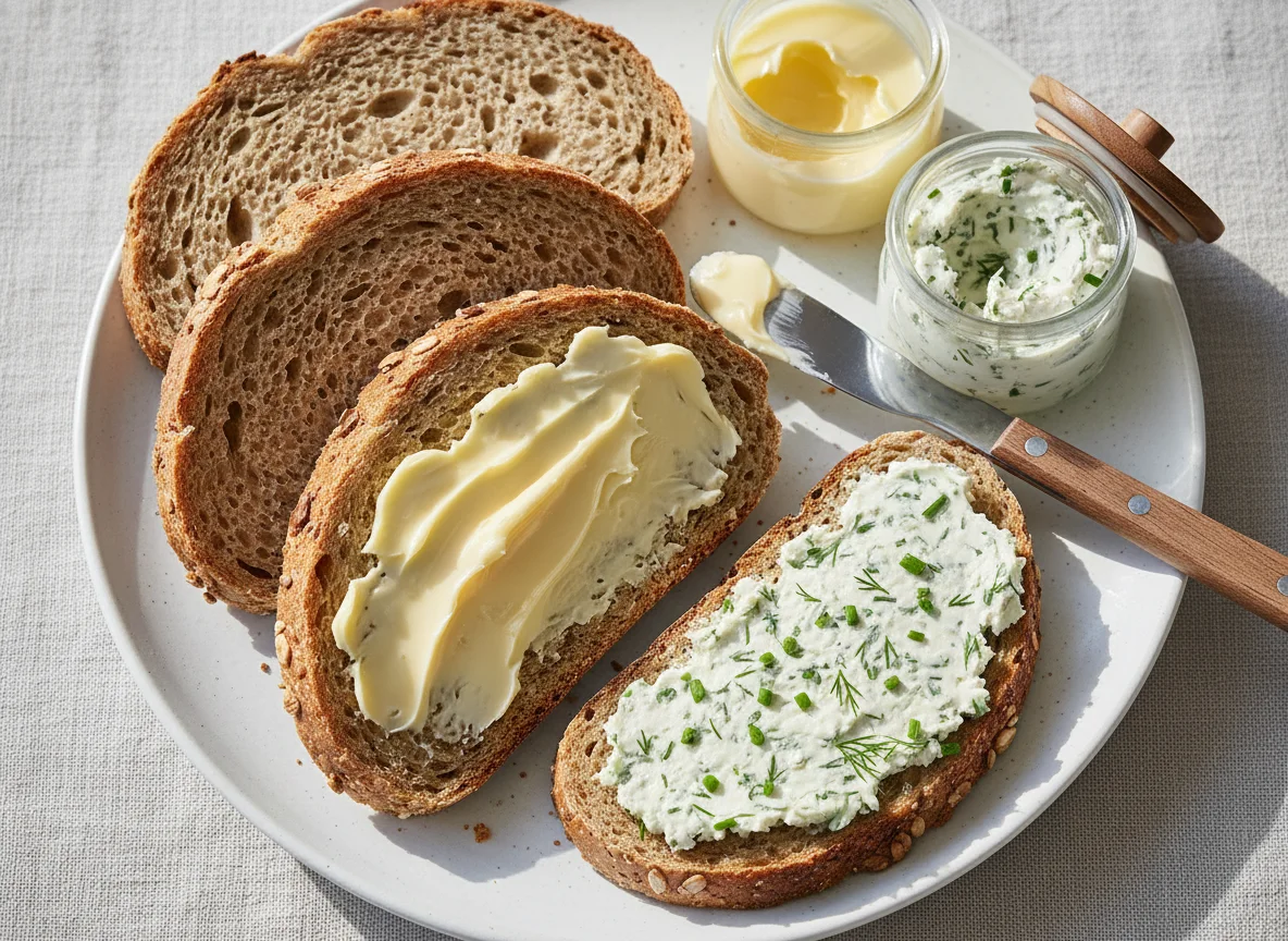 Bread with butter and spreads photo