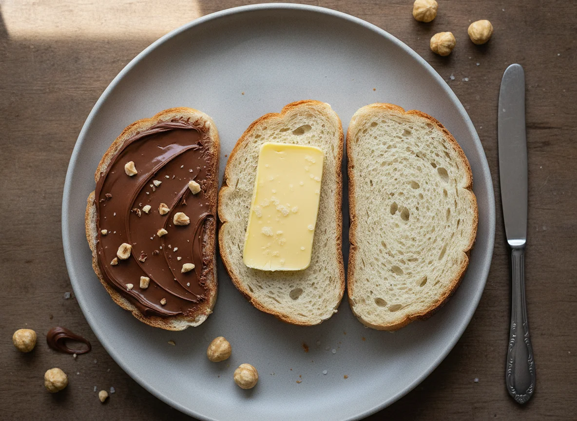 Bread with chocolate hazelnut spread and butter photo
