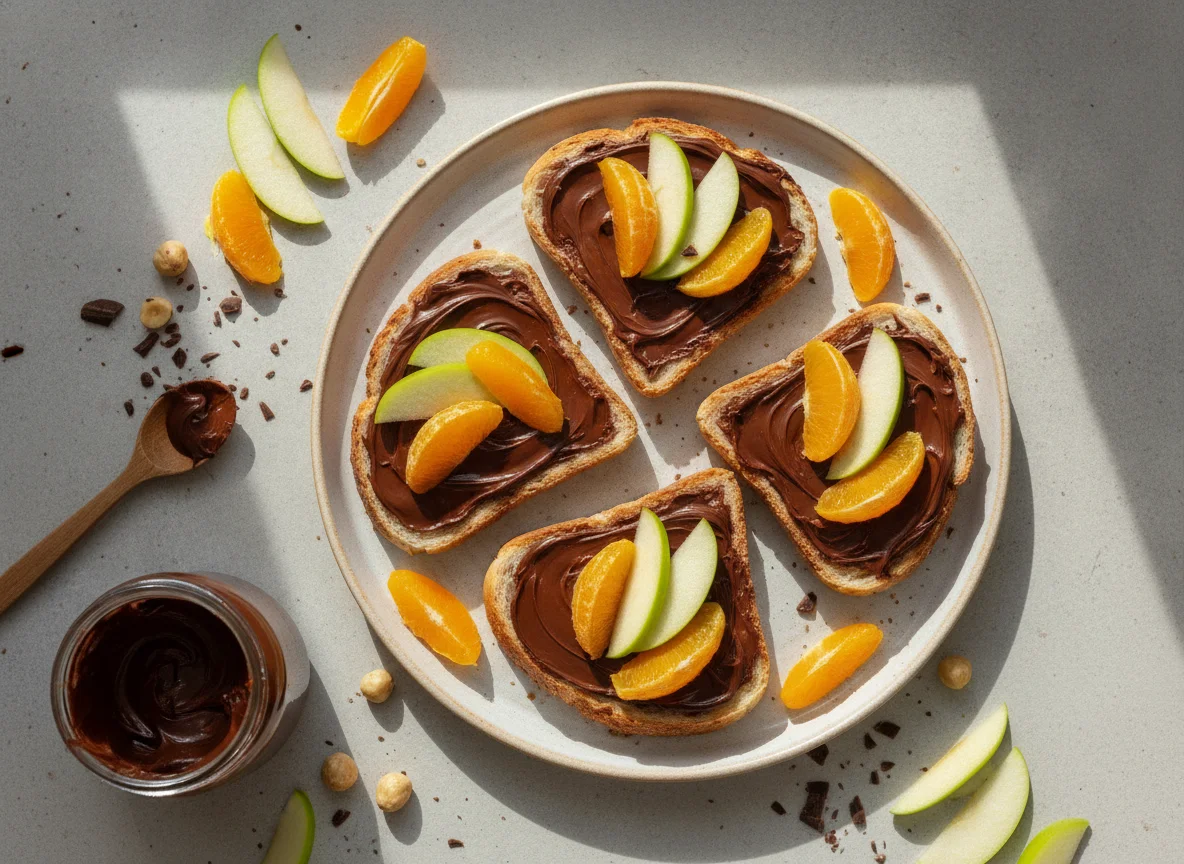 Bread with chocolate spread and fruit photo