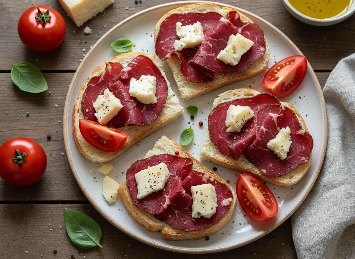 Bread with cured meat, cheese, and tomatoes photo
