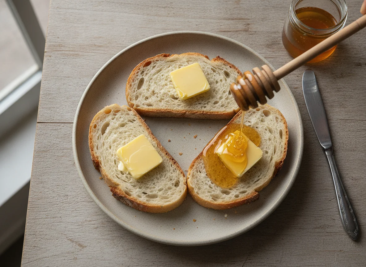 Bread with honey and butter photo