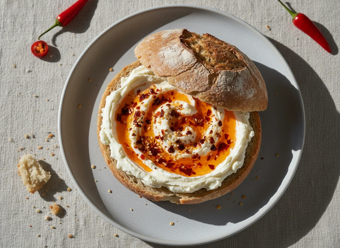 Bread with kajmak and chili oil photo