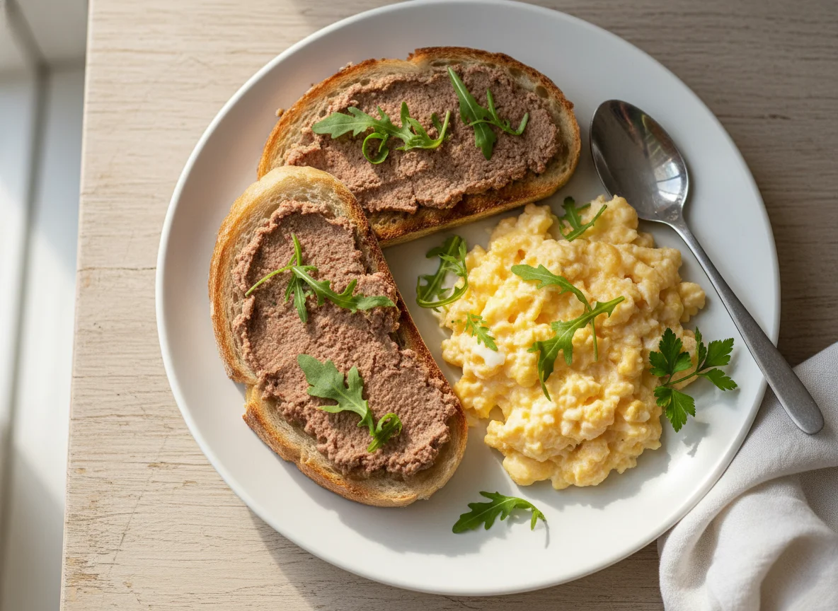 Bread with Pâté and Scrambled Eggs photo