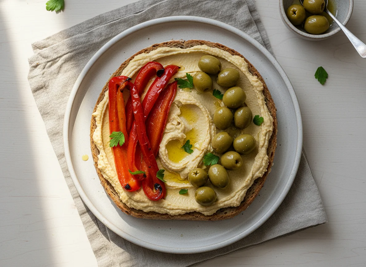 Bread with spread, bell pepper, and olives photo