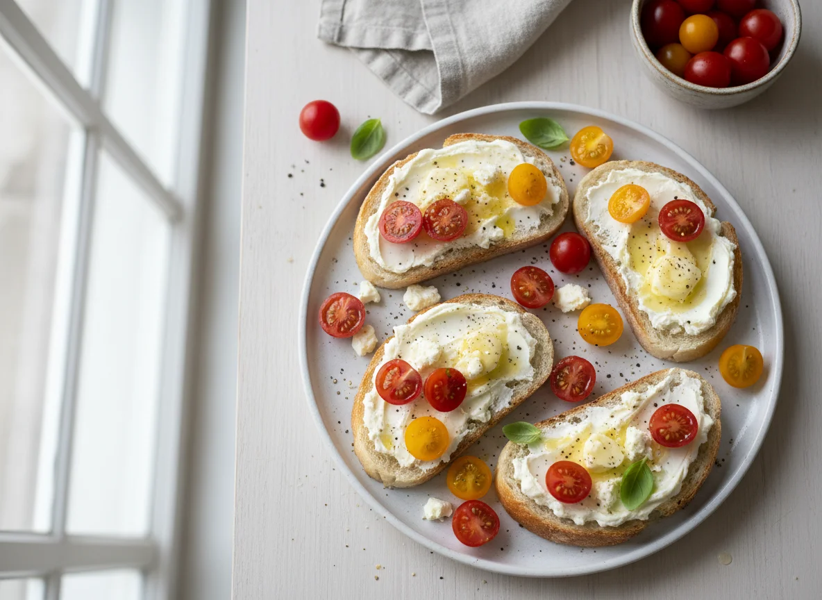 Bread with spread, cheese, and cherry tomatoes photo